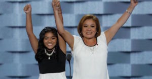 11-year-old Karla Ortiz, left, and her mother Francisca Ortiz speak during the first day of the Democratic National Convention in Philadelphia , Monday, July 25, 2016. AP Photo/J. Scott Applewhite)